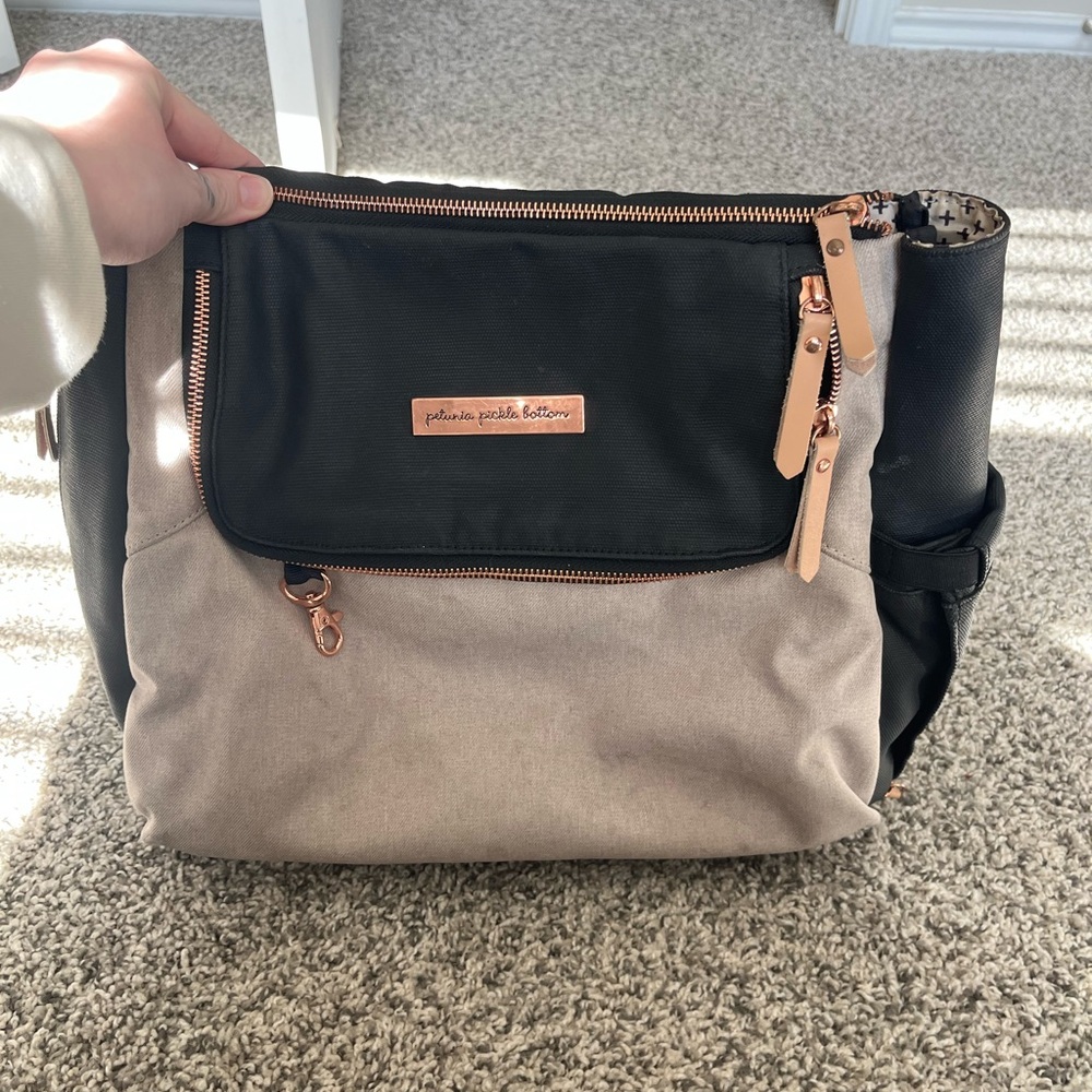 Petunia Pickle Bottom Black and Taupe Two-Tone Backpack with Rose Gold Accents